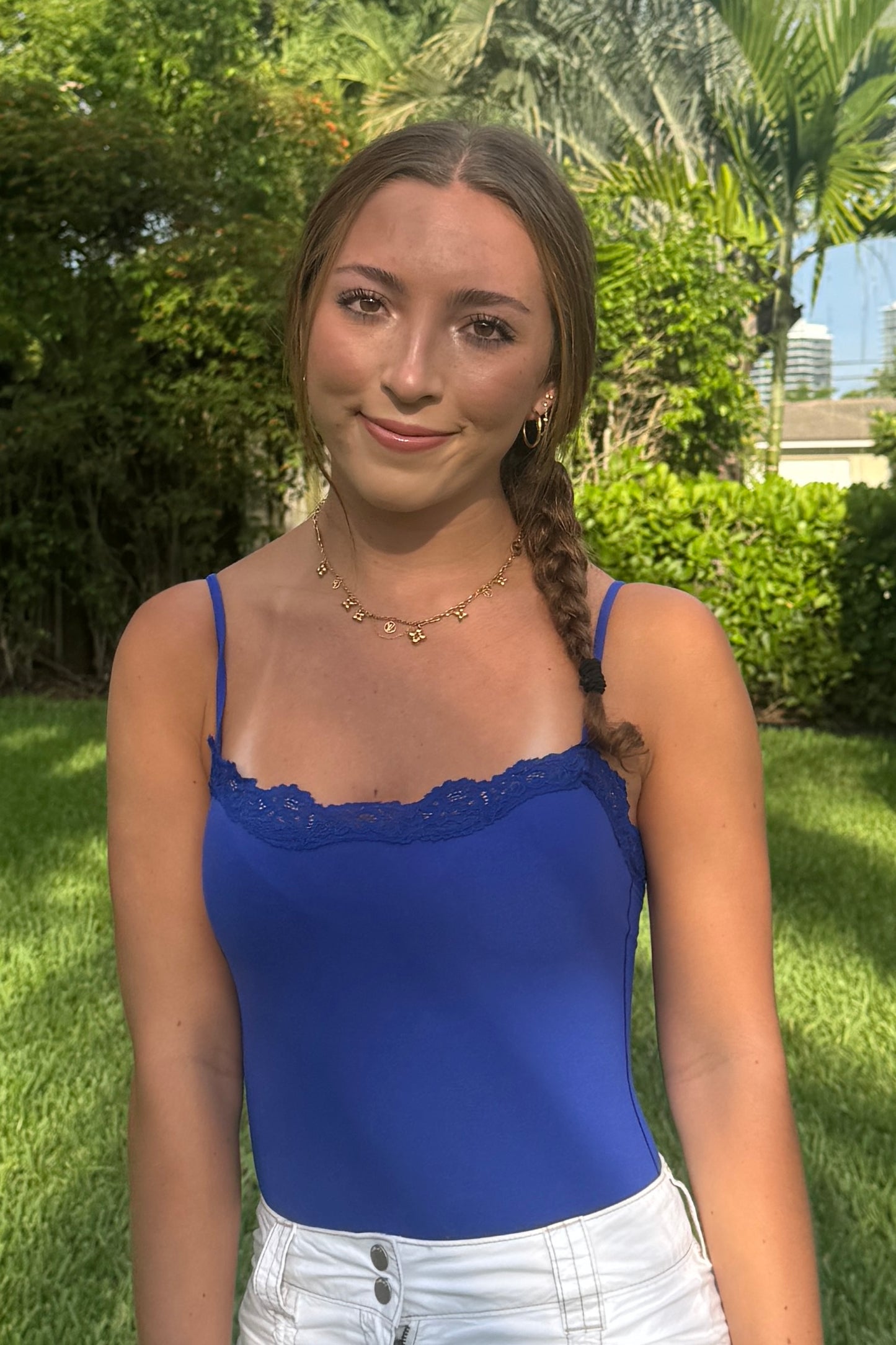 Solid Blue Game Day Scoop Neck Lace Bodysuit