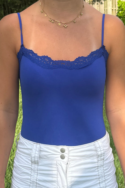 Solid Blue Game Day Scoop Neck Lace Bodysuit